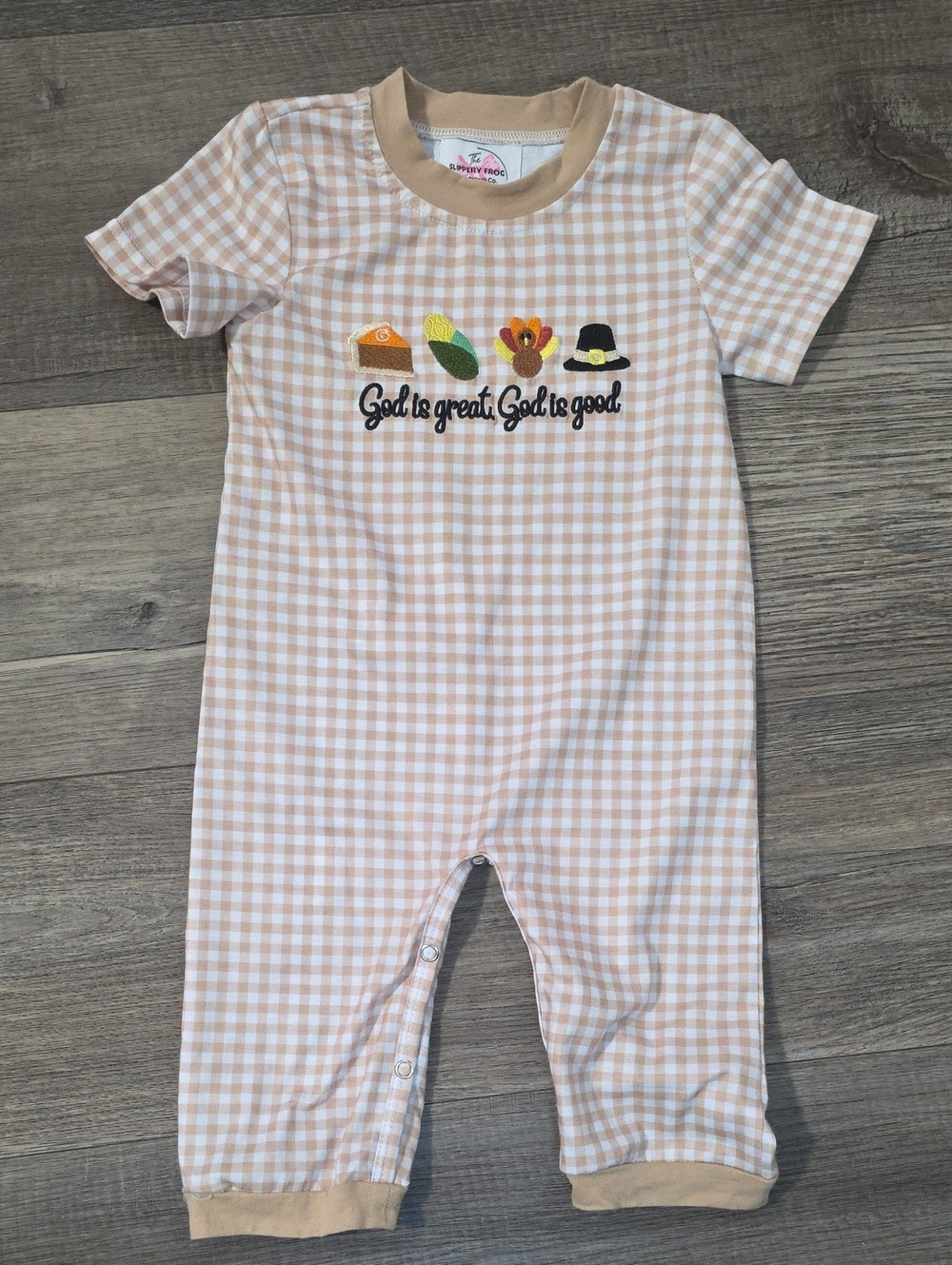 Kids Beige Gingham One-Piece Footie - God is Great, God is Good